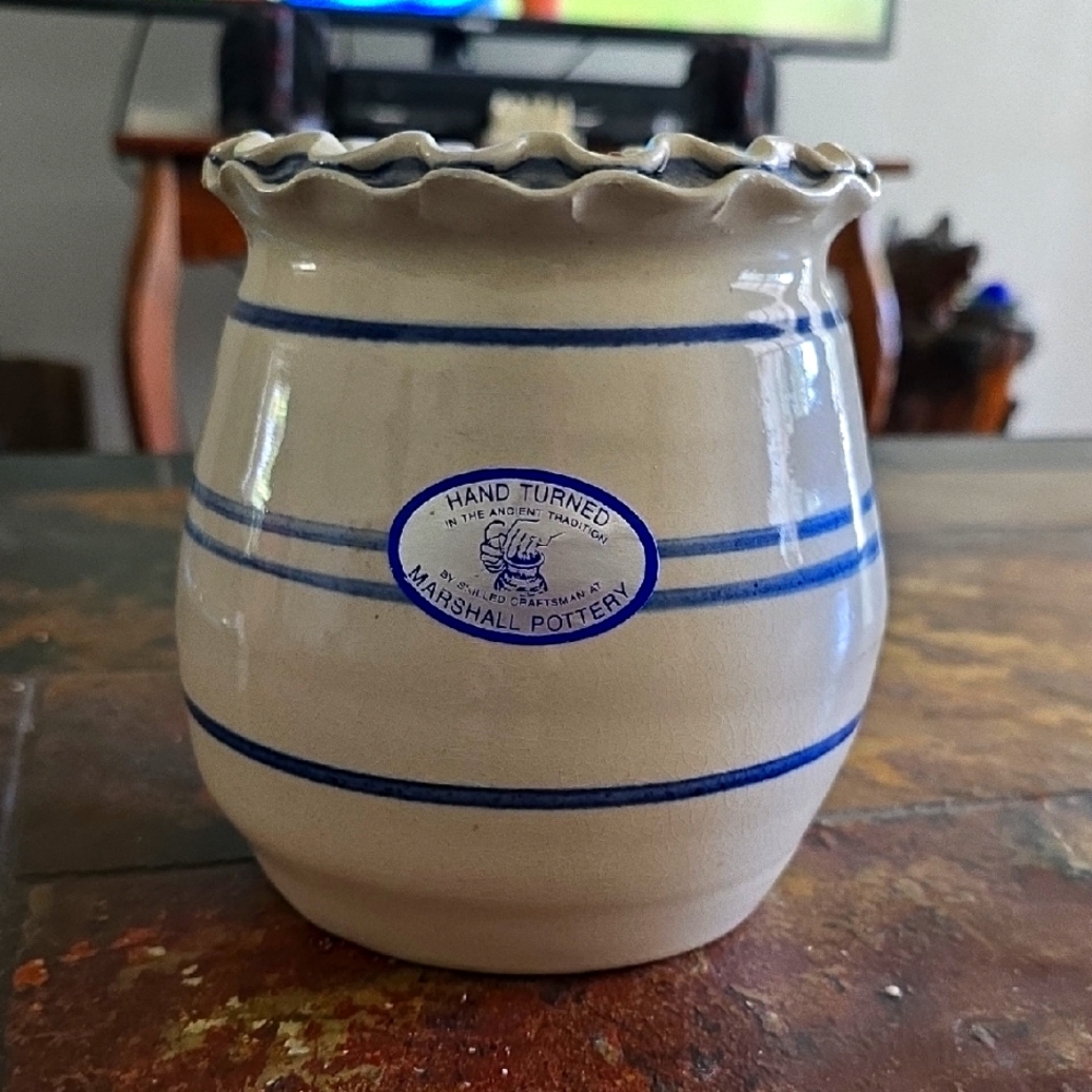 Marshall Pottery Hand Turned Vase with Blue Ruffled Top & Blue Stripes